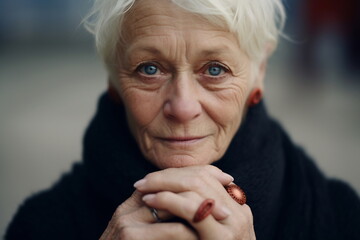 Close up cropped image of a grateful mature senior woman keeping hands near face