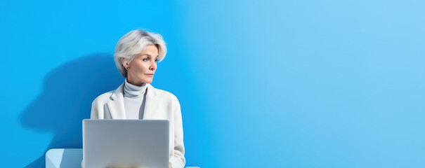 55 year old business woman with laptop on blue banner background with copy space