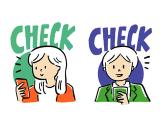 スマートフォンをチェックするOLとビジネスマンのイラストセット　バストアップ