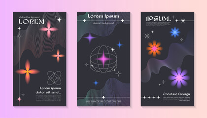 Vector insta story cosmic templates with linear shapes,blurred sparkles in 90s style.Smm banners in y2k aesthetic.Futuristic designs for social media marketing,branding,packaging