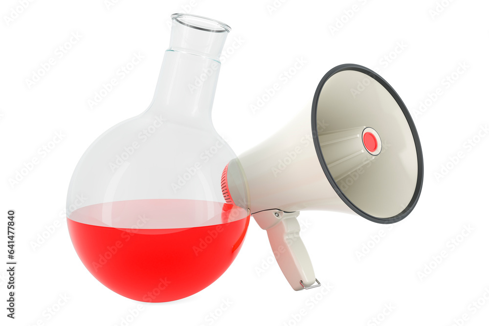 Poster chemical flask with megaphone. 3d rendering