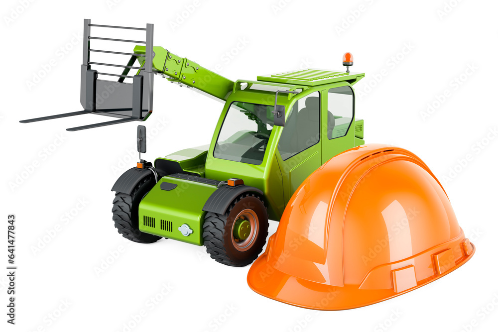 Poster telescopic handler with orange hard hat, 3d rendering