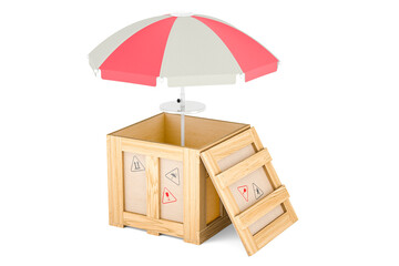Beach umbrella inside wooden box, delivery concept. 3D rendering