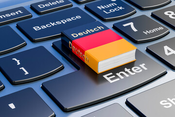 German language textbook on laptop keyboard. Online courses of German language, 3D rendering