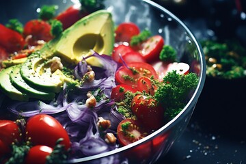 Savory greens and vibrant veggies in a delicious salad bowl, Generative AI