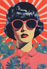 50s / 60s retro girl with black hair and a blob haircut, and trendy summer sunglasses, in a tropical setting, in a screenprint style poster artwork