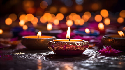 Burning Diwali candles closeup. Diwali traditinal celebration concept