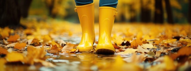rubber yellow boots on autumn leaves in the park. protect your feet from the rain. Autumn has come. yellow leaves.
