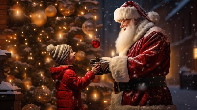 child encounters Santa Claus in a snowy village square, standing next to a beautifully decorated Christmas tree, as their eyes light up with wonder and awe.