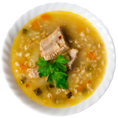 National Russian dish is Pickle soup with meat, cooked on the basis of pickled cucumbers and pearl...