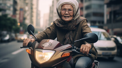 Fototapeta na wymiar elderly woman on a motorcycle