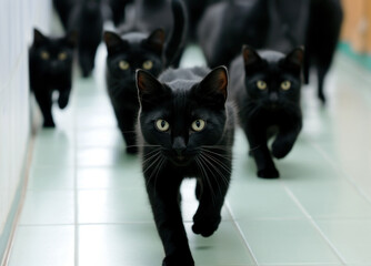 black cats run towards the corridor