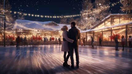Fototapeta na wymiar couples gracefully twirling on an outdoor ice rink, their cheeks flushed with happiness and the twinkling lights reflecting in their eyes.
