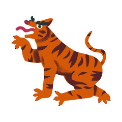 Oriental tiger roaring with open mouth and tongue out, folk heraldic predator animal, Asian style art Medieval beast