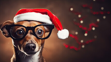 Süßer Jack Russell Terrier mit Brille und Weihnachtsmütze. - obrazy, fototapety, plakaty