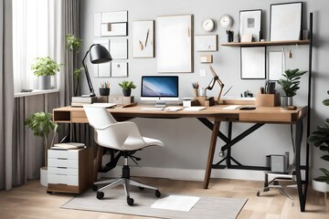 A home office with a sleek desk, a comfortable ergonomic chair, and a neatly organized set of stationery essentials
