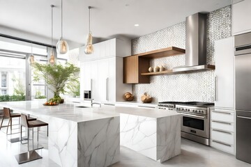 A modern kitchen with sleek stainless steel appliances, marble countertops, and a mosaic-tiled backsplash