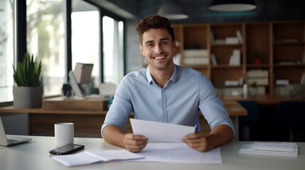 Fototapeta premium Portrait of a young businessman in a shirt, looking into the camera with a smile on his face and crossed hands