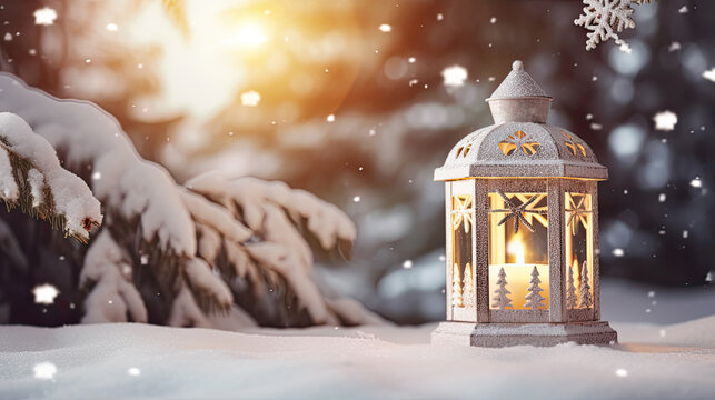 Wei&szlig;e Laterne im Schnee stehend mit brennender Kerze. Winterlicher Wald mit Schnee als Bokeh-Hintergrund. 