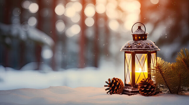 Laterne im Schnee stehend mit brennender Kerze. Tannenzapfen und Tannenzweige zur Dekoration. Winterlicher Wald mit Schnee als Bokeh-Hintergrund. 