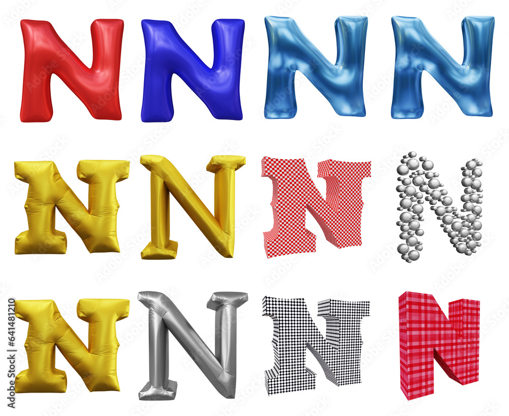 Poster set of alphabet letter n in 3d rendering isolated on transparent background for education and text c