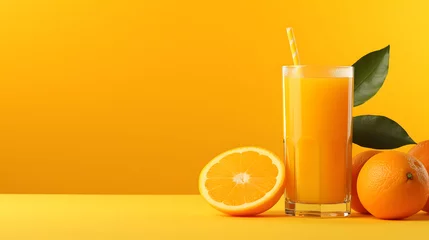Rolgordijnen orange juice with fresh fruit on yellow background © TilluArt