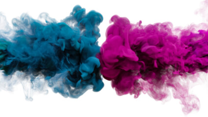 blue and pink smoke collision on white background. blue ink and pink ink in water. pink and blue background. mix of blue and pink ink in water.