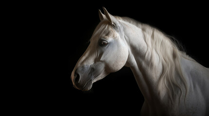 Close-up head shot of white horse with dark background generative ai
