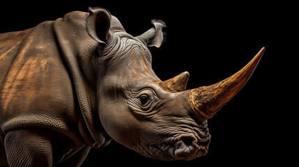 Close-up head shot of rhino with dark background generative ai