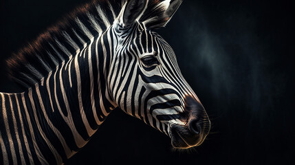 Fototapeta na wymiar Close-up head shot of zebra with dark background generative ai