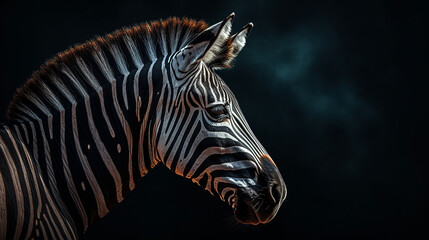 Close-up head shot of zebra with dark background generative ai