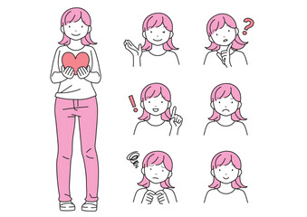 ハートを持った笑顔の女性と表情セット