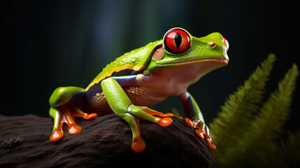 Close-up shot of red eye tree frog with dark background generative ai