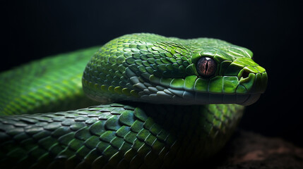 Fototapeta premium Close-up head shot of green snake with dark background generative ai
