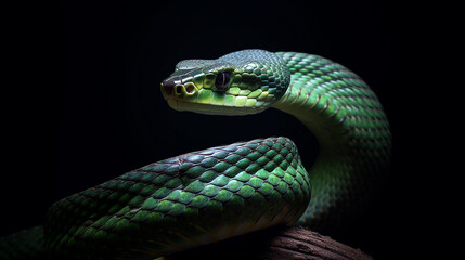 Close-up head shot of green snake with dark background generative ai - obrazy, fototapety, plakaty