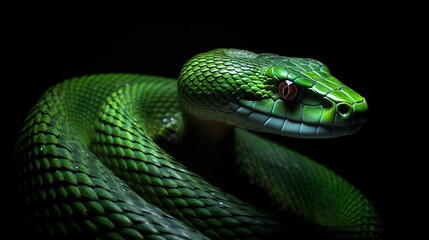 Close-up head shot of green snake with dark background generative ai