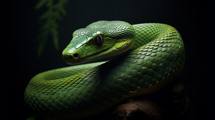 Obraz premium Close-up head shot of green snake with dark background generative ai