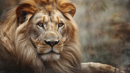Fototapeta premium Close-up head shot of lion with matching background generative ai
