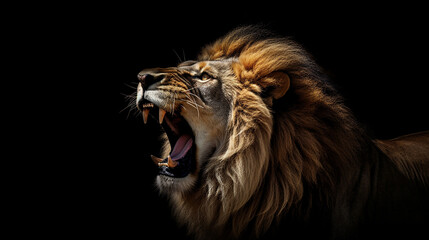Close-up head shot of lion with dark background generative ai - obrazy, fototapety, plakaty