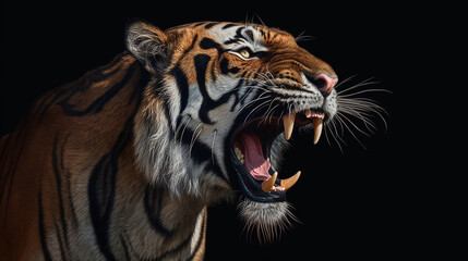 Close-up head shot of tiger with dark background generative ai