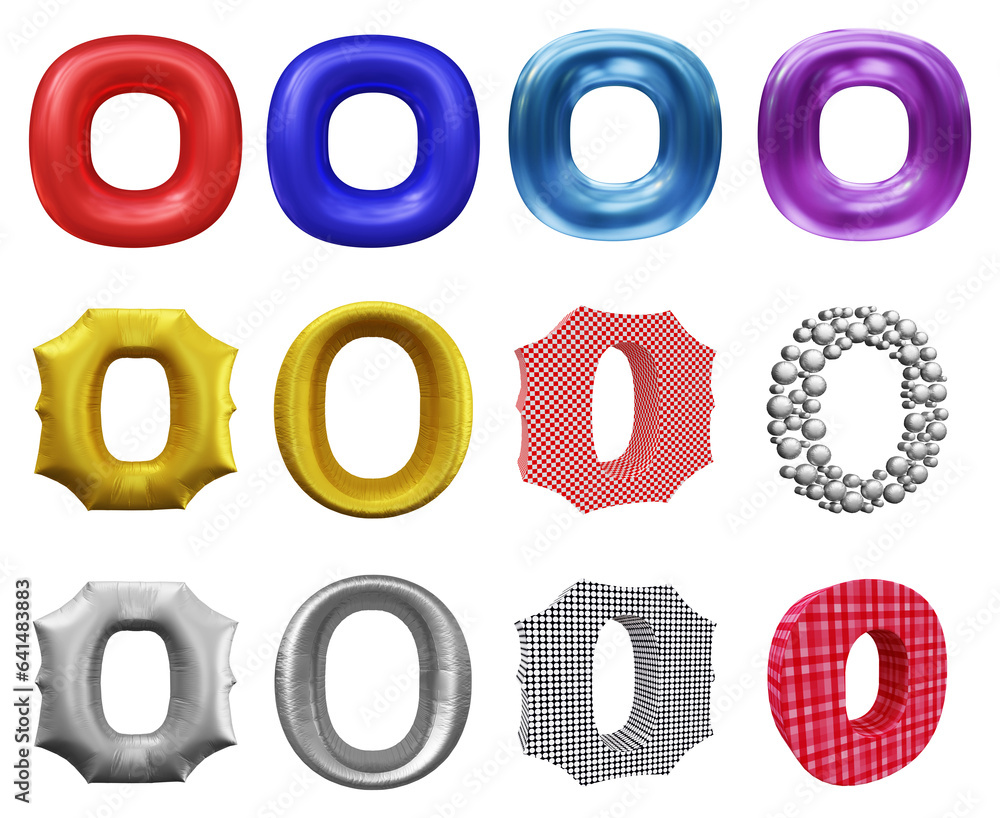 Poster set of alphabet letter o in 3d rendering isolated on transparent background for education and text c
