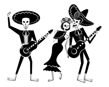 Day of the Dead skeleton band. Dia de los Muertos skeleton character set with two mariachi playing guitars and one singer with fan. Mexican traditional festival concept.