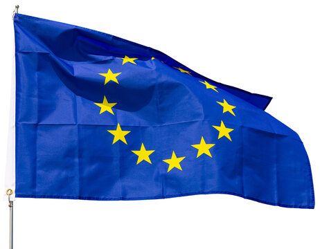 Big flag of European Union fastened on stick. Isolated over white background