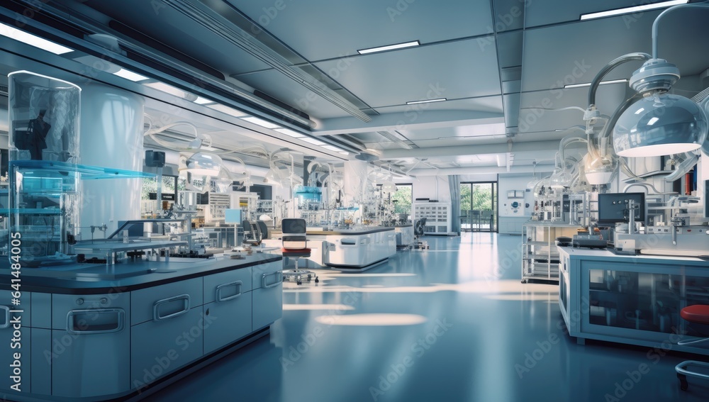Poster a clean laboratory lab with many lab equipment and high tech equipment generative ai