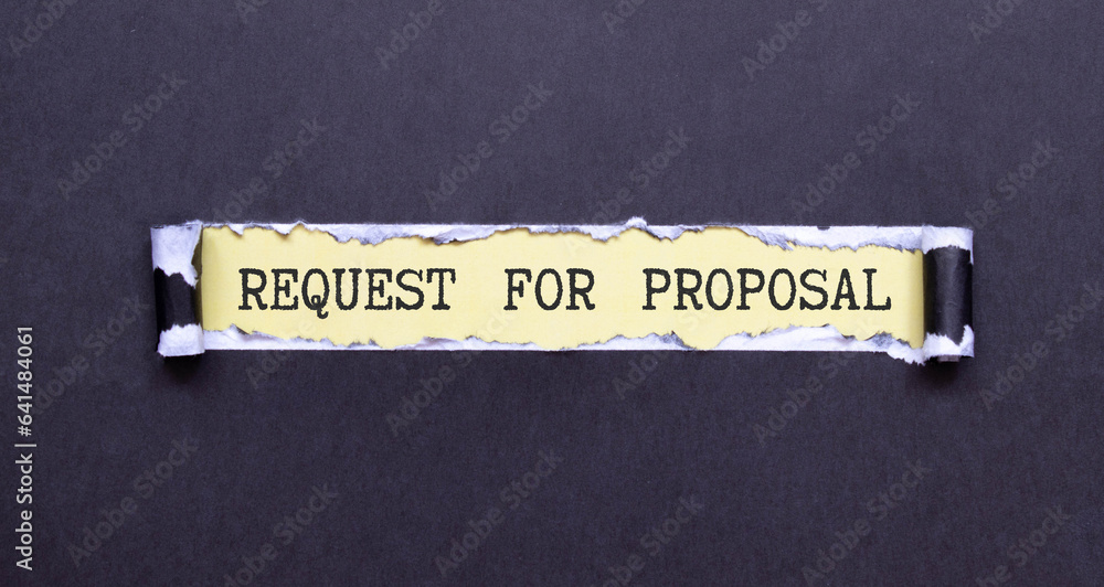 Poster wooden background white keyboard and calculator. paper with text request for proposal.