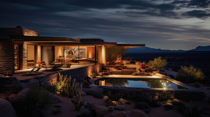 Fototapeta na wymiar Modern desert home patio at night