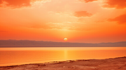 dead sea sunrise over a body of water, in the style of flickr, light red and yellow,