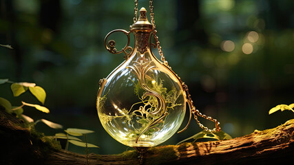 Elven amulet artifact, forest backdrop