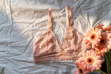 Gentle pink lace bra on the bed. Women tender lingerie, underwear. Top view, close up. Flat lay, beauty blog or social media minimal concept. Present for Valentines, Women’s day	