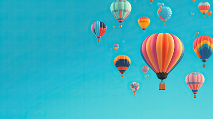 Obraz premium Hot Air Balloon Ride in blue sky white clouds background for wide banner of travel agency or adventure tour. Romance of ballooning in a good weather. Hot air balloons flies in blue sky. Copy space